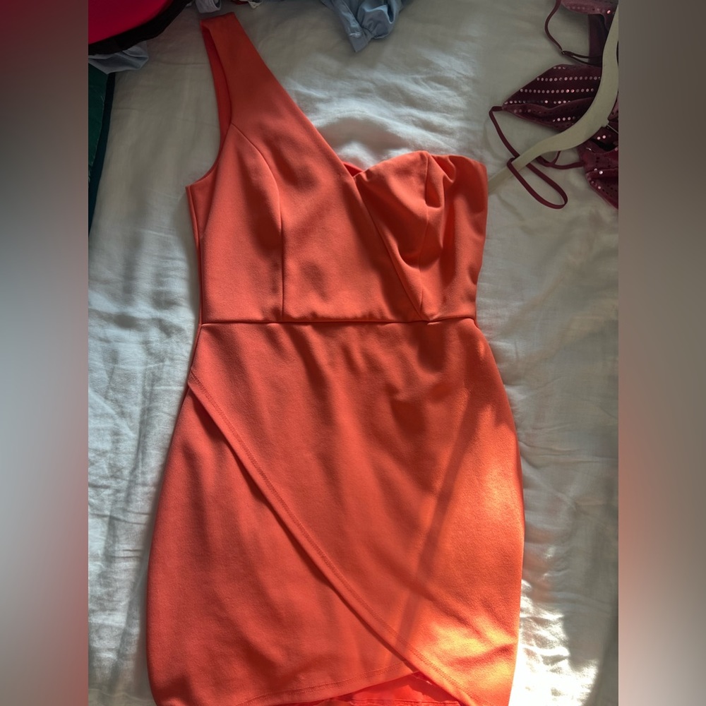 Orange one shoulder mini dress